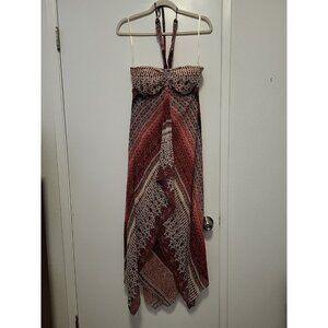 BCBG Paris Halter Scarf Silk Midi Dress Fairy Boho Festival Red Beige Black 12